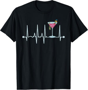 Funny Cocktail Glass Heartbeat - Cocktail Glass Happy Hour T-Shirt - T-Shirt | Black