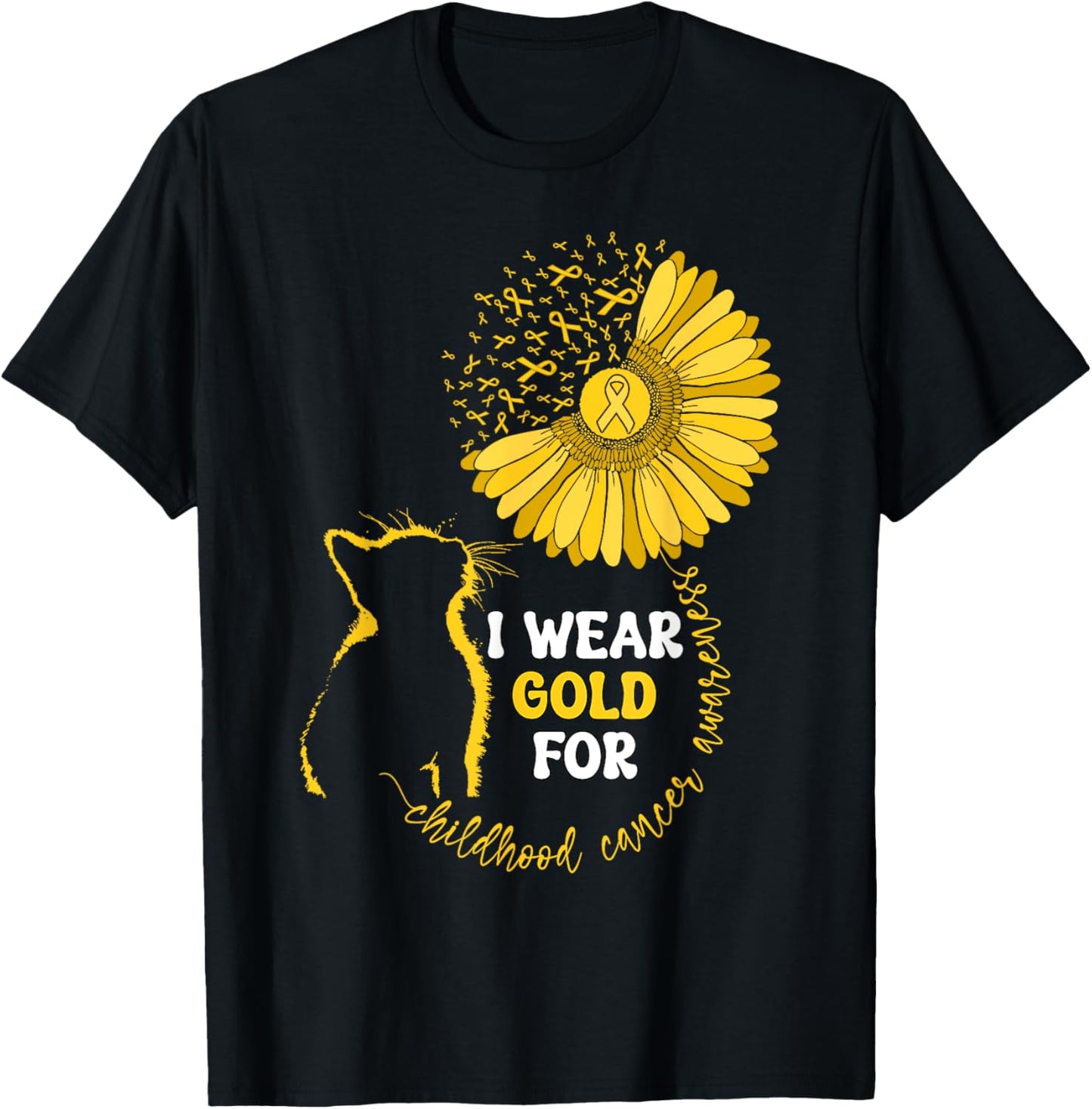 I Wear Gold For Childhood Cancer Awareness Month Cat Ribbon T-Shirt - T-Shirt | Black