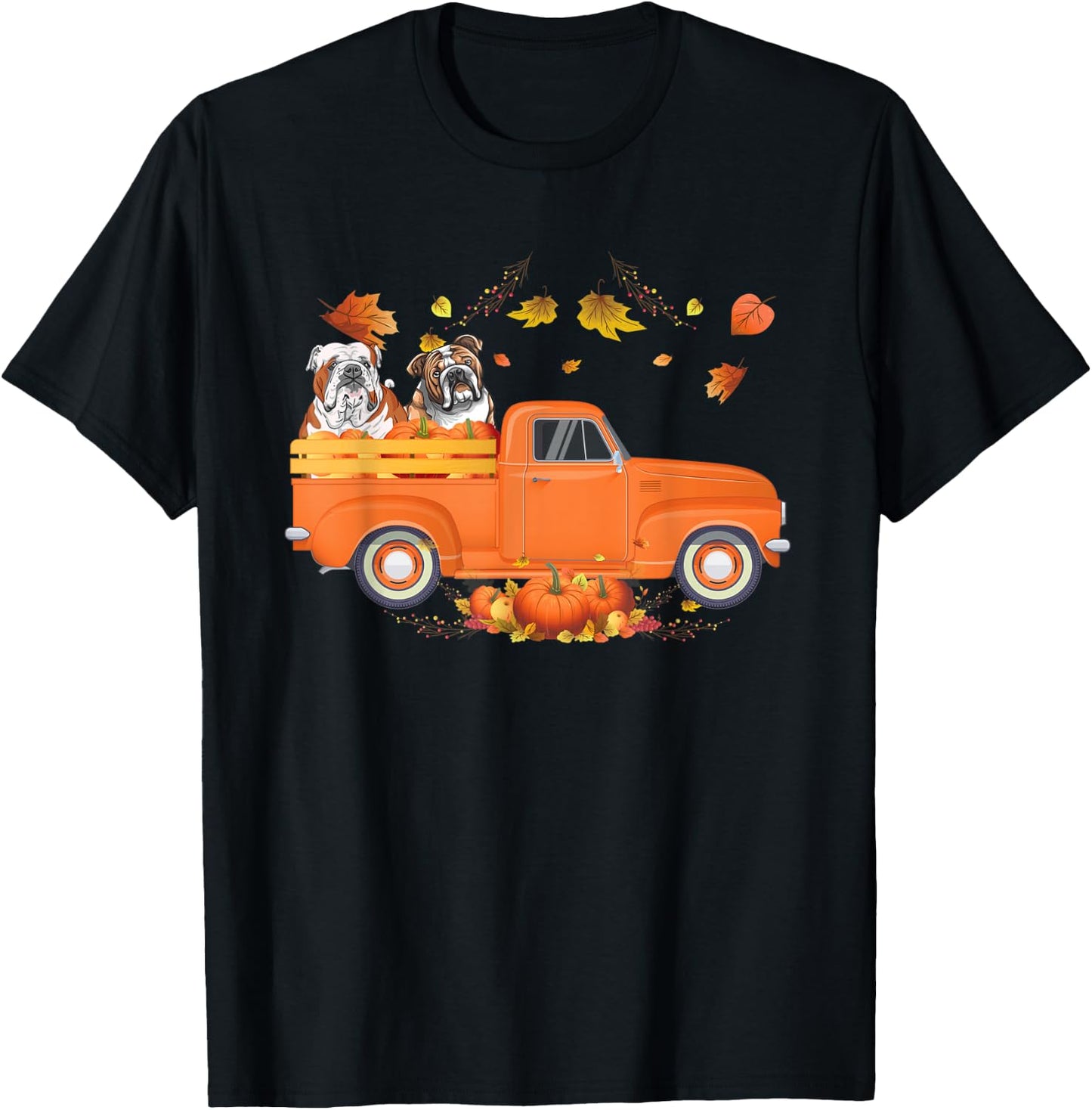 Bulldog Pumpkin Truck Fall Leaf Thanksgiving Halloween Men Women Kids T-Shirt - T-Shirt | Black