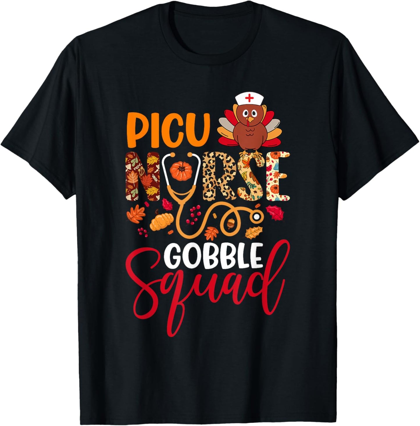 PICU Nurse Gobble Squad Thanksgiving Leopard Matching Family T-Shirt - T-Shirt | Black