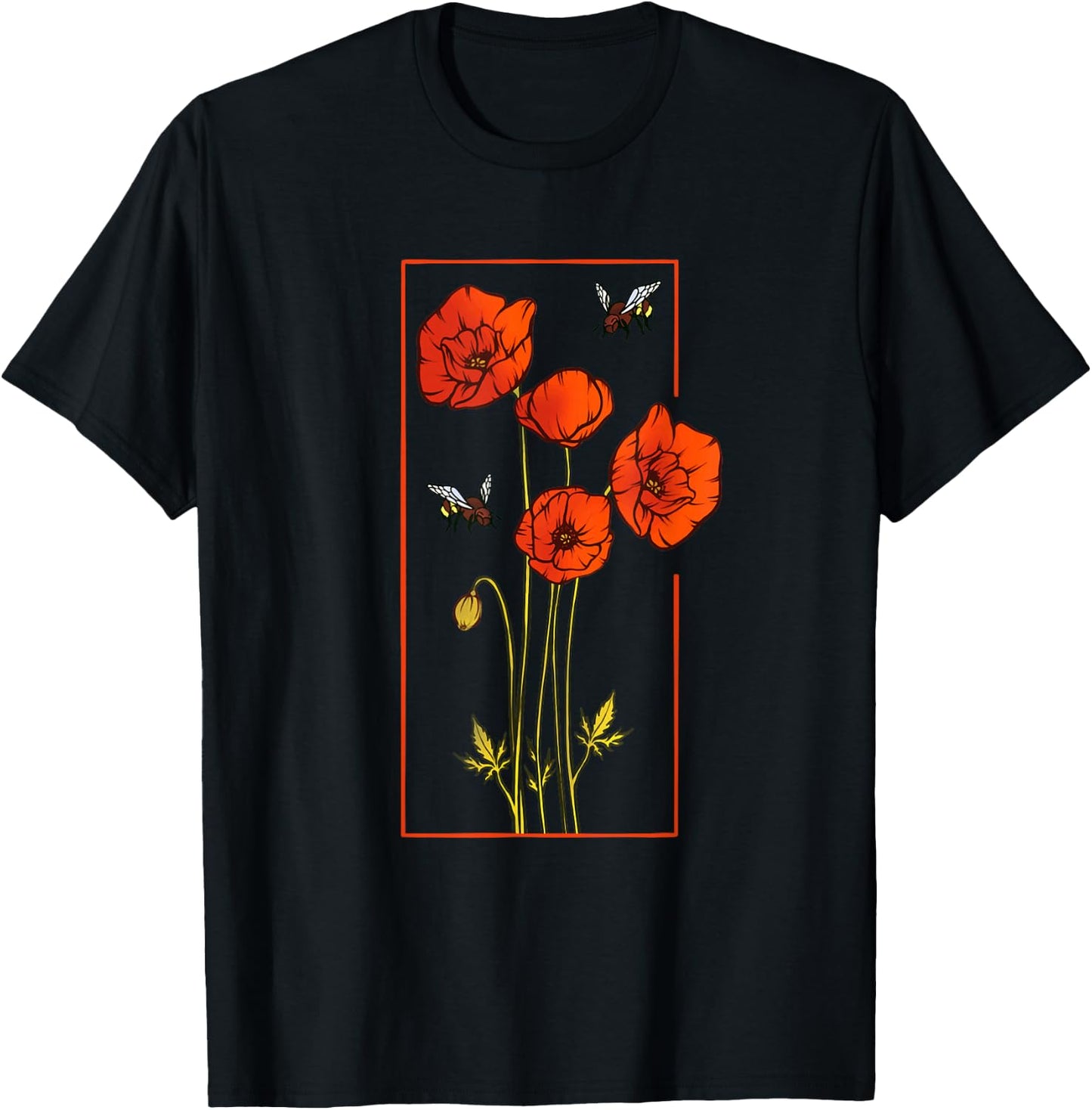 Floral Poppy Poppies Flower with Bees Wildflower T-Shirt - T-Shirt | Black