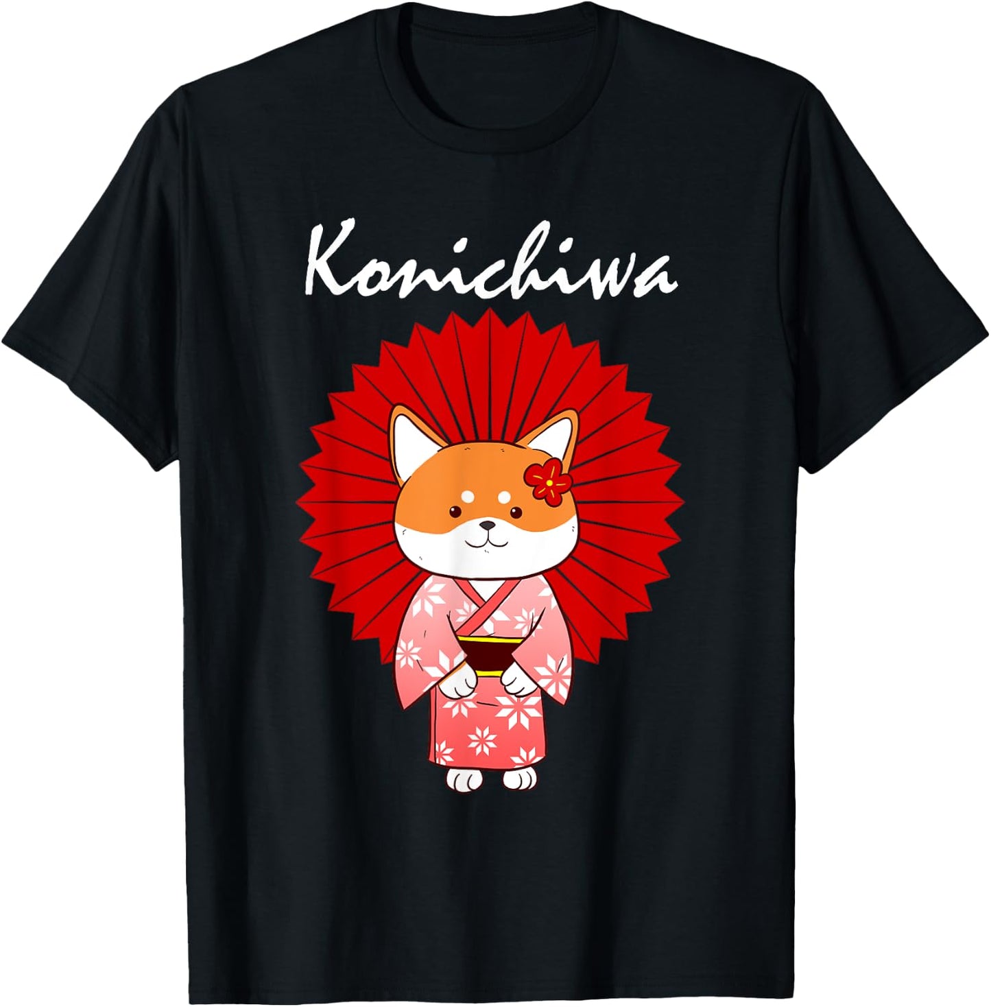 Funny Shiba Inu Uni Dog Konichiwa Kimono Flower Dress Women Girls Kids T-Shirt - T-Shirt | Black
