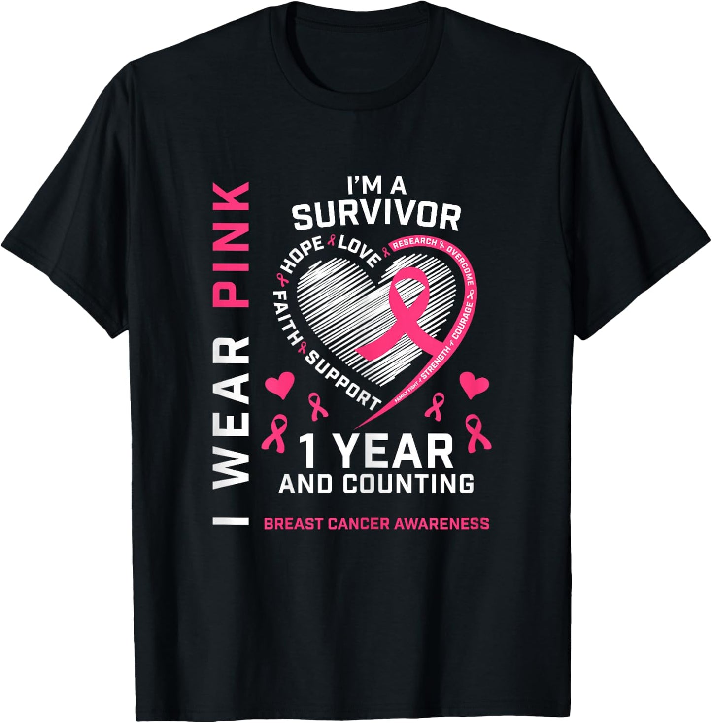 1 Year Cancer Free Mom Pink Awareness Breast Cancer Survivor T-Shirt - T-Shirt | Black