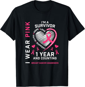 1 Year Cancer Free Mom Pink Awareness Breast Cancer Survivor T-Shirt - T-Shirt | Black