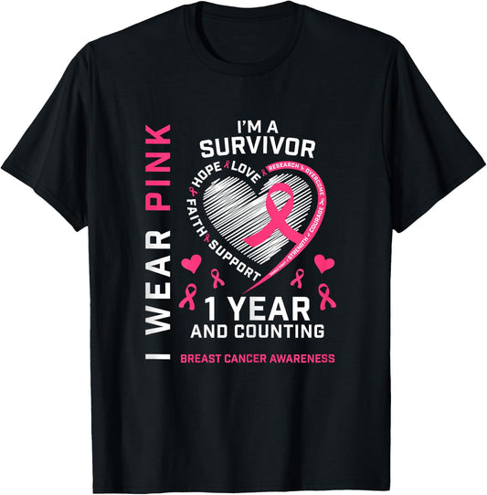 1 Year Cancer Free Mom Pink Awareness Breast Cancer Survivor T-Shirt - T-Shirt | Black