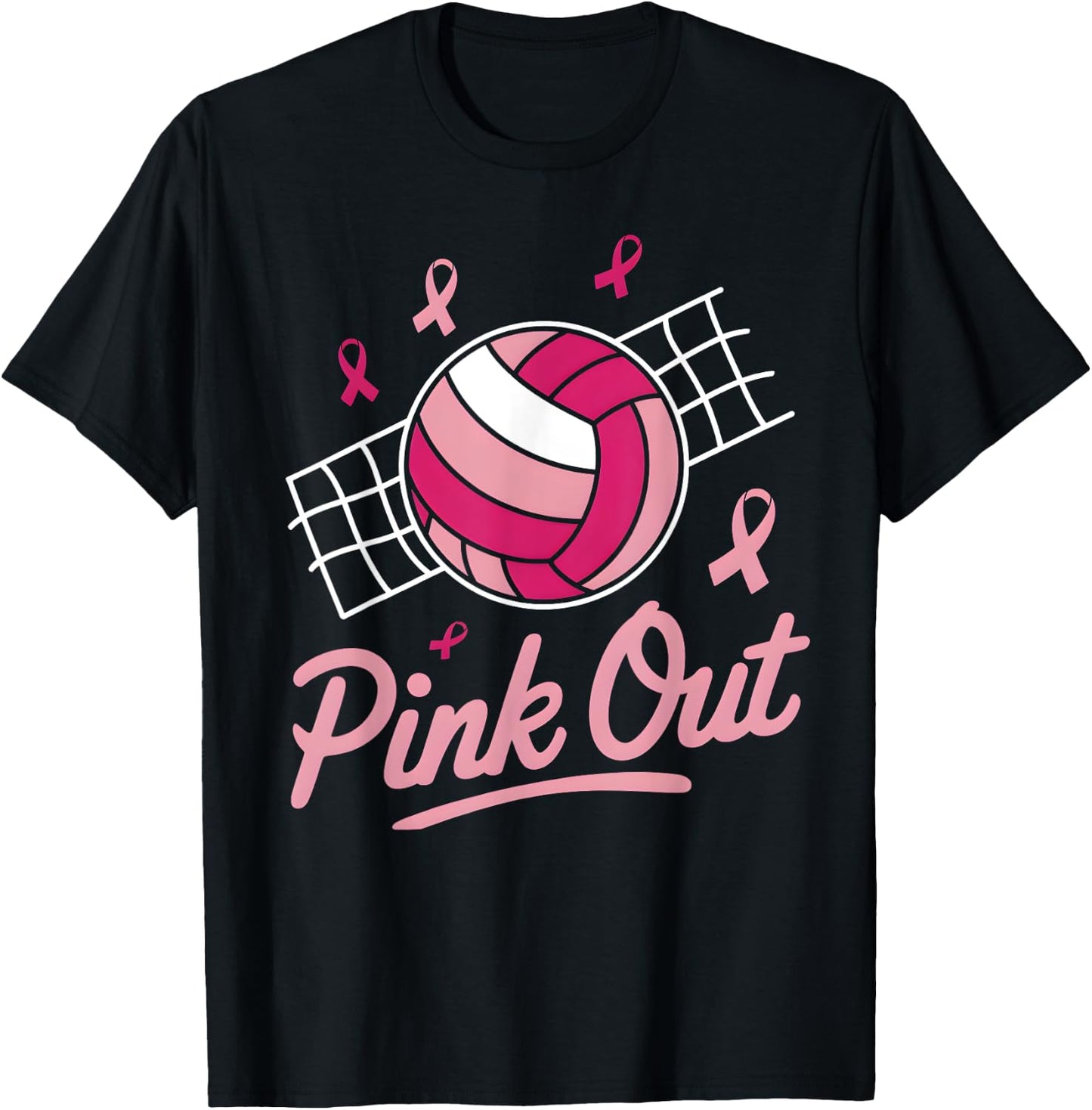 Volleyball Pink Out Breast Cancer Awareness Pink Ribbon T-Shirt - T-Shirt | Black