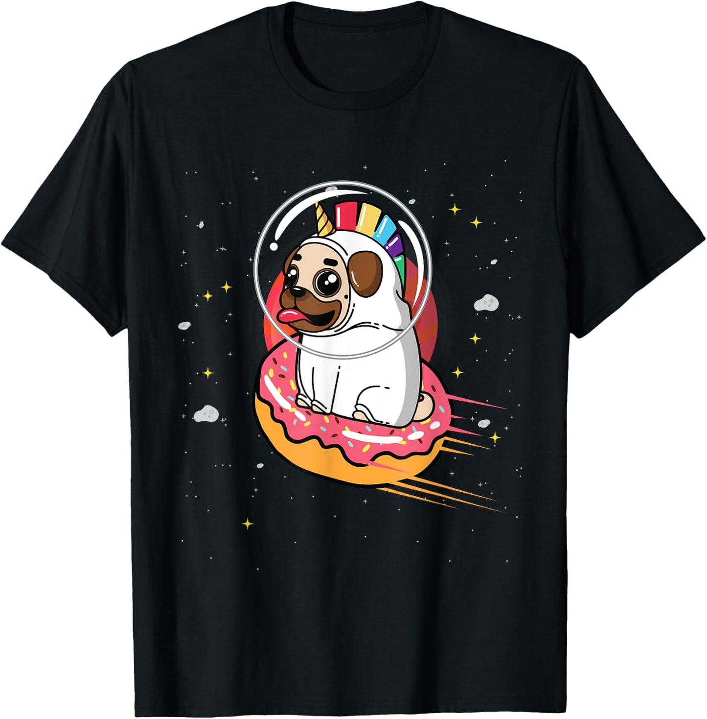 Pug in Rainbow Unicorn Costume riding Donut in Space T-Shirt - T-Shirt | Black