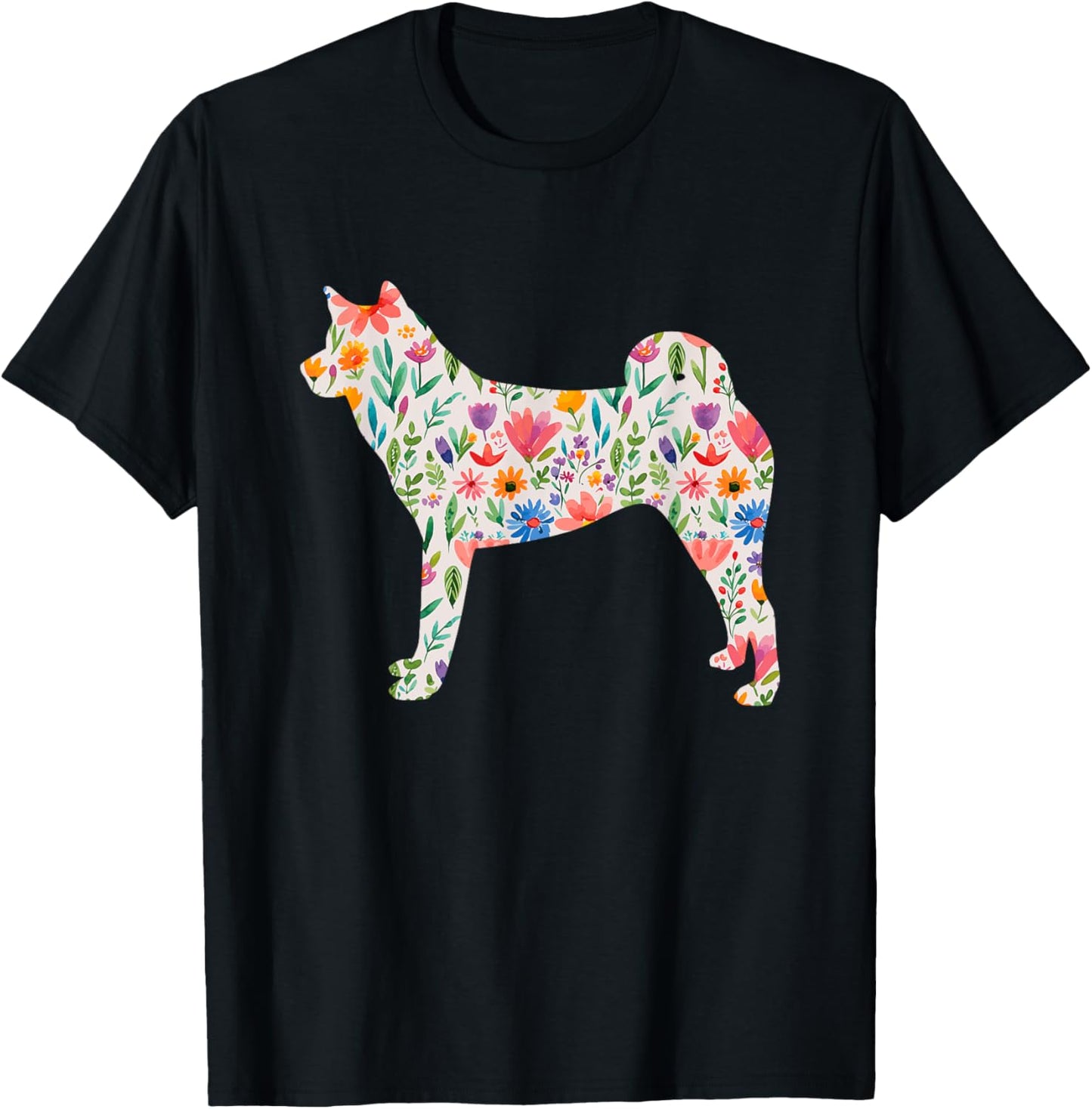 Akita watercolor flowers design T-Shirt - T-Shirt | Black