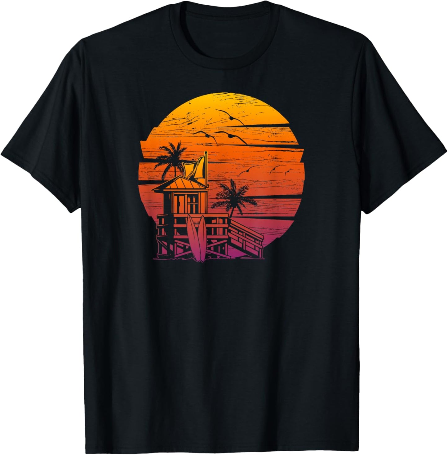 Vintage Beach Lifeguard Tower Distressed Sunset T-Shirt - T-Shirt | Black