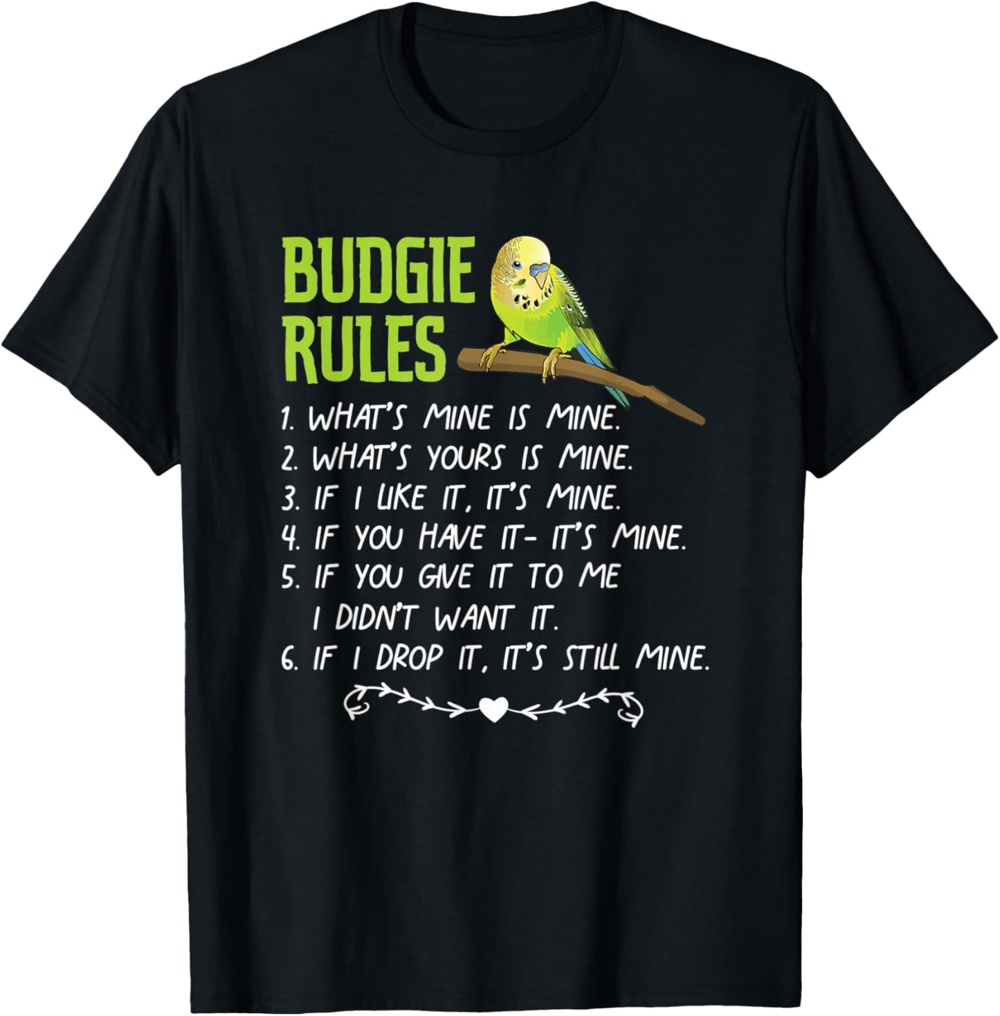 Funny Budgie Rules Cute Parakeet Pet Bird Keeping T-Shirt - T-Shirt | Black
