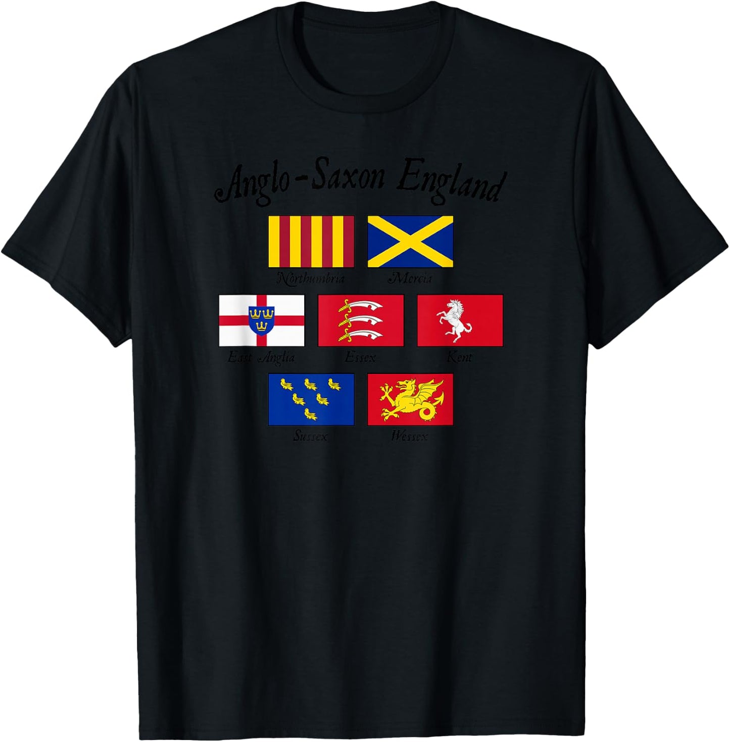 Anglo-Saxon Kingdoms of England Flag Black Lettering T-Shirt - T-Shirt | Black