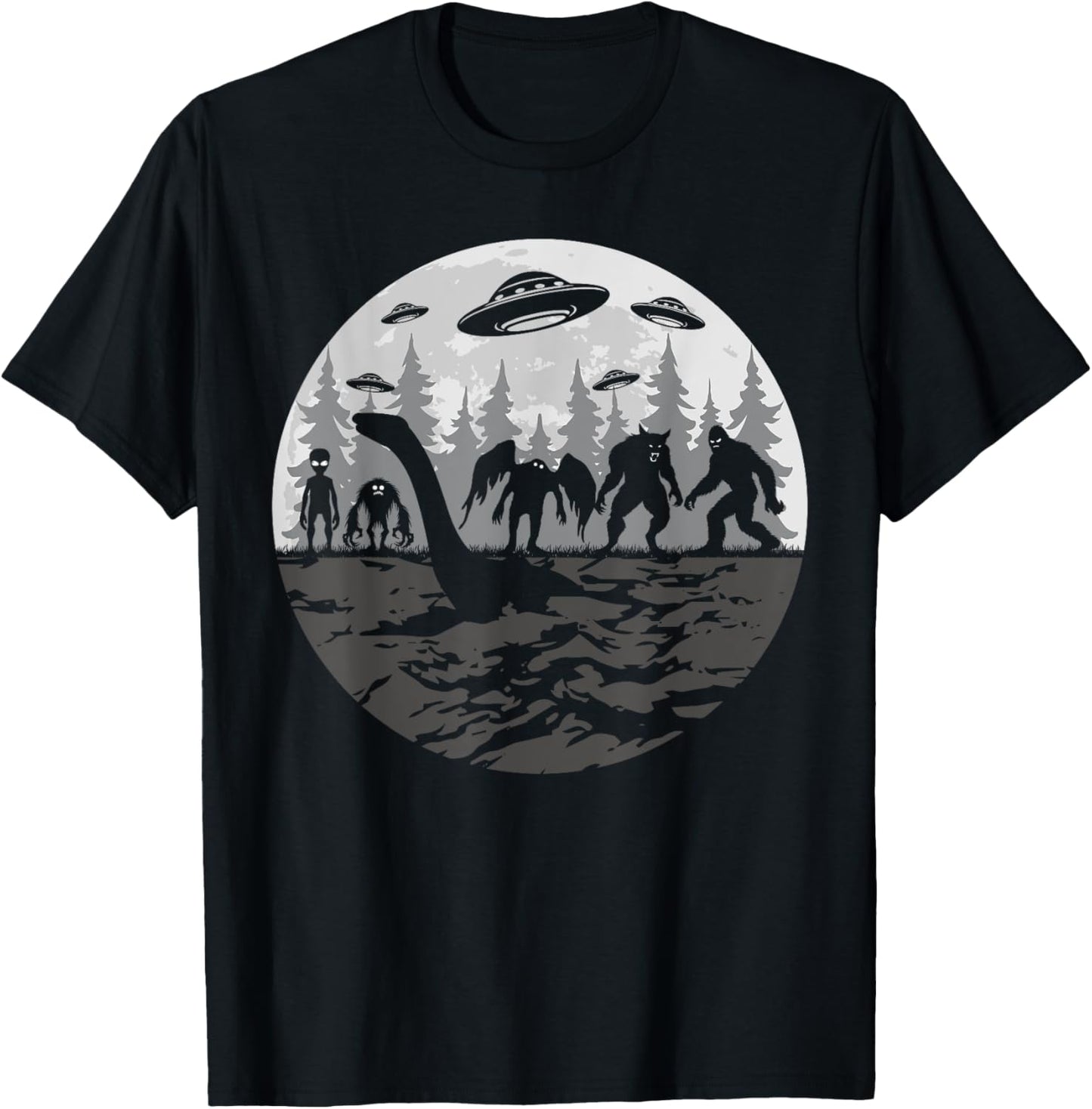Bigfoot Loch Ness Monster With Mothman Aliens! Funny Cryptid T-Shirt - T-Shirt | Black