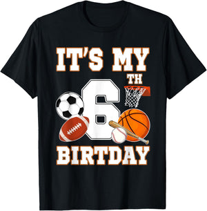 It's my 6th Birthday Sport Balls 6 Year Old Kids Party T-Shirt - T-Shirt | Black