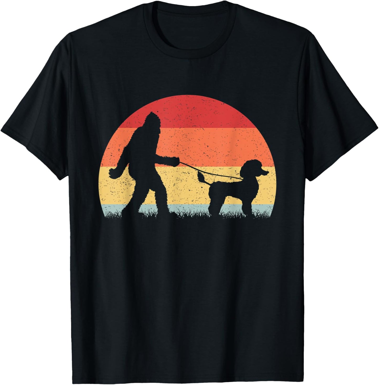 Vintage Bigfoot Walking Poodle Dog Sasquatch Funny Gifts Men Women Kids T-Shirt - T-Shirt | Black
