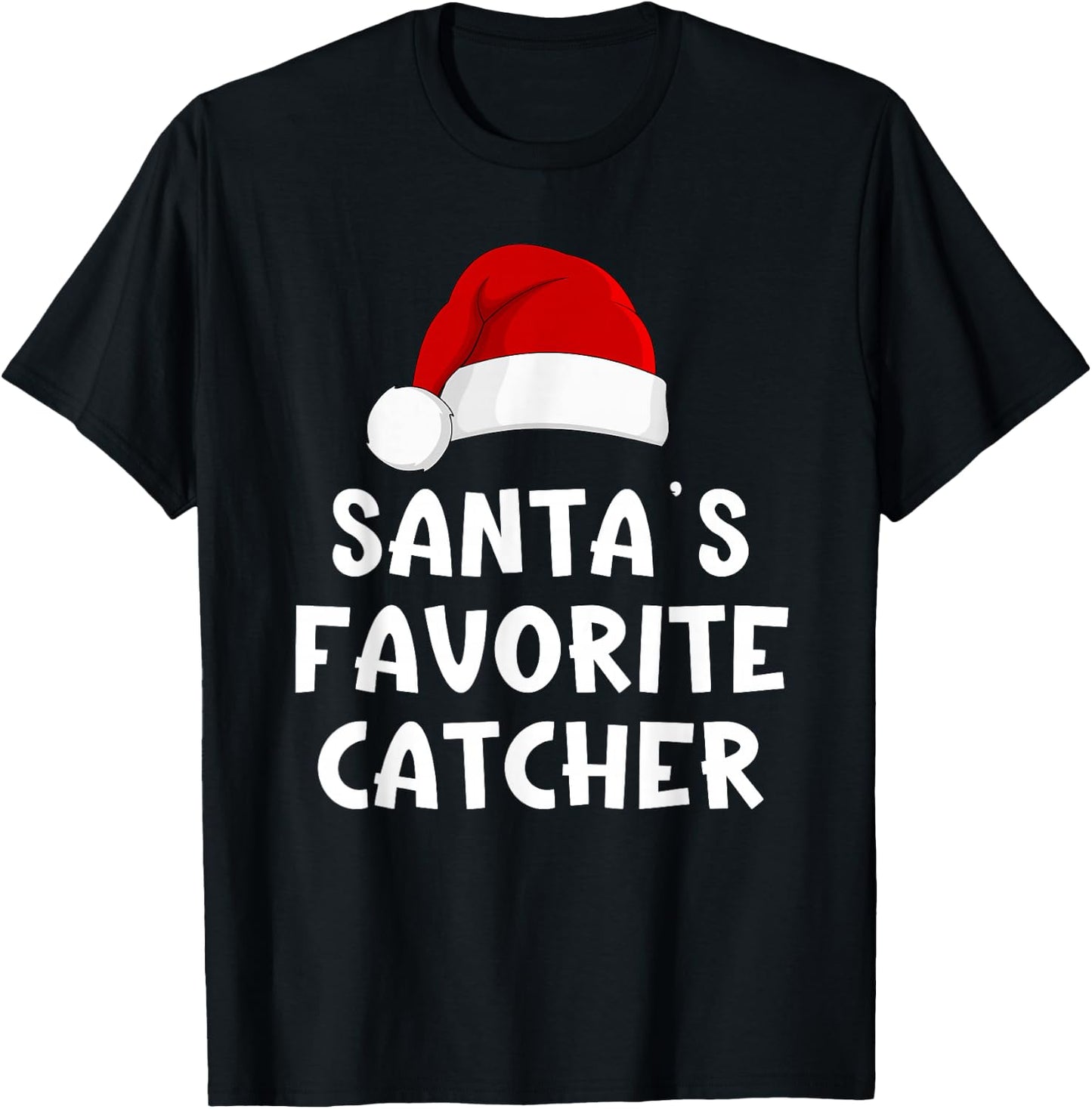Christmas Santa's Favorite Catcher Funny Pajama Baseball T-Shirt - T-Shirt | Black