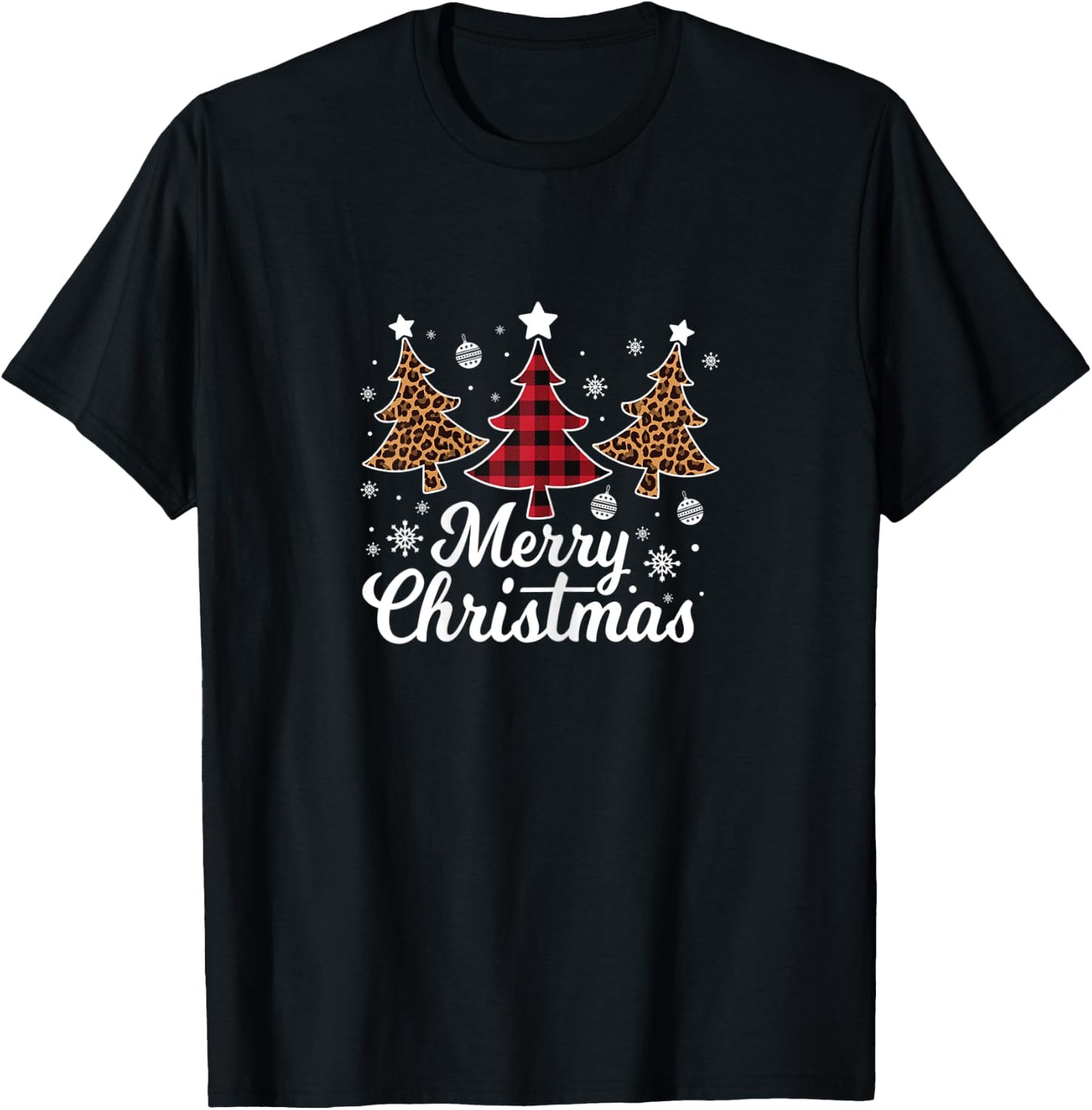 Women Leopard Plaid Christmas Tree Merry Christmas T-Shirt - T-Shirt | Black