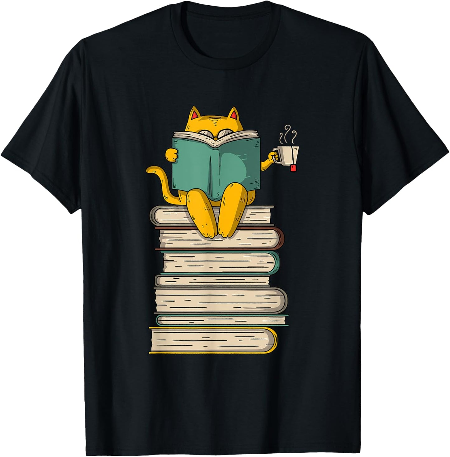 Reading Cat - Funny Book & Tea Lover Gift Short Sleeve T-Shirt - T-Shirt | Black