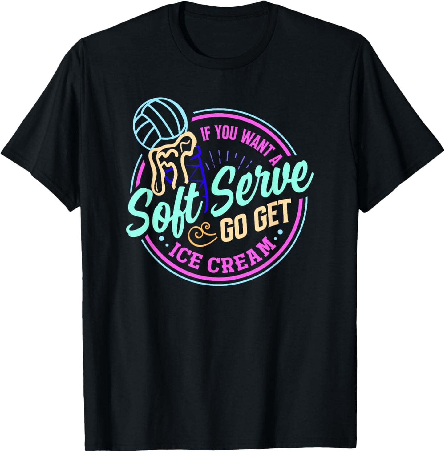 Volleyball Go Get Ice Cream Funny Soft Serve Pun Art T-Shirt - T-Shirt | Black