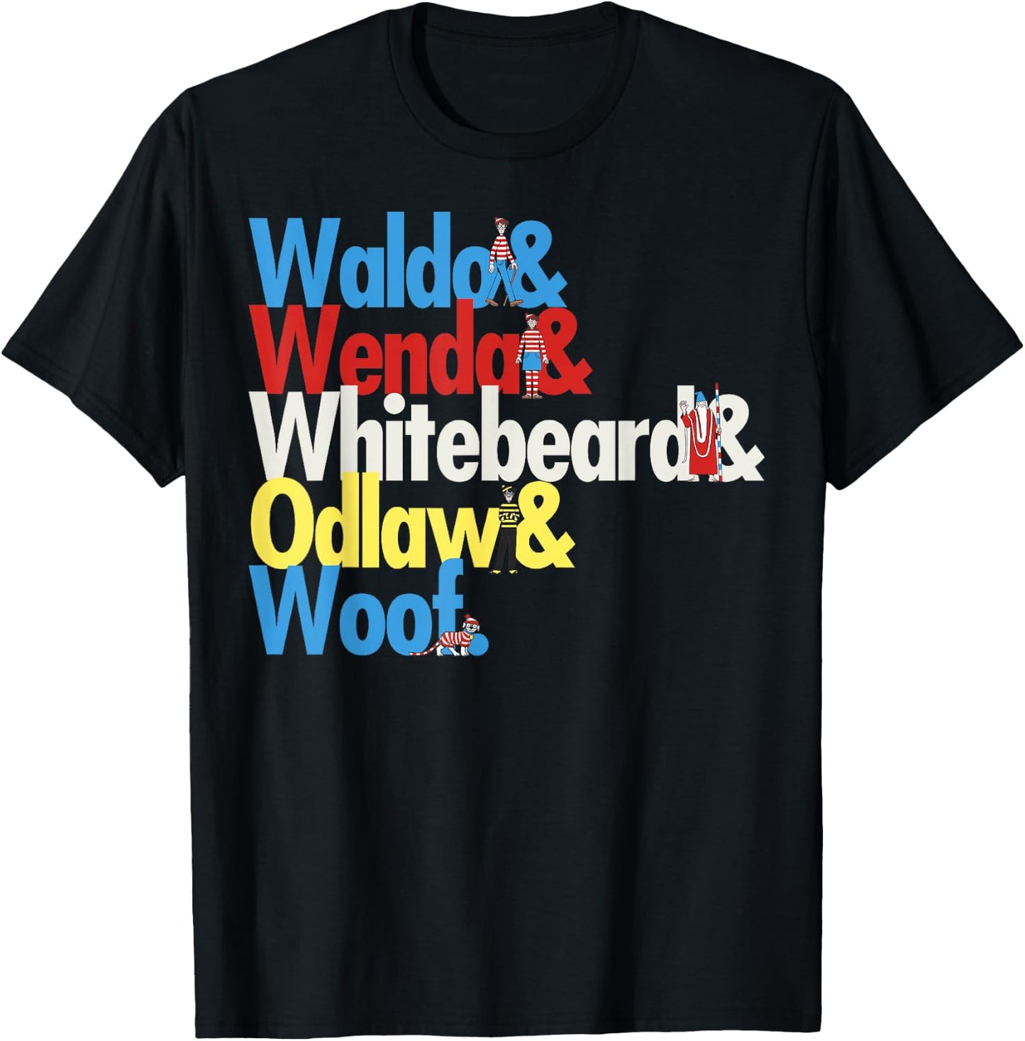 Where's Waldo Colorful Character Name Stack Graphic T-Shirt - T-Shirt | Black