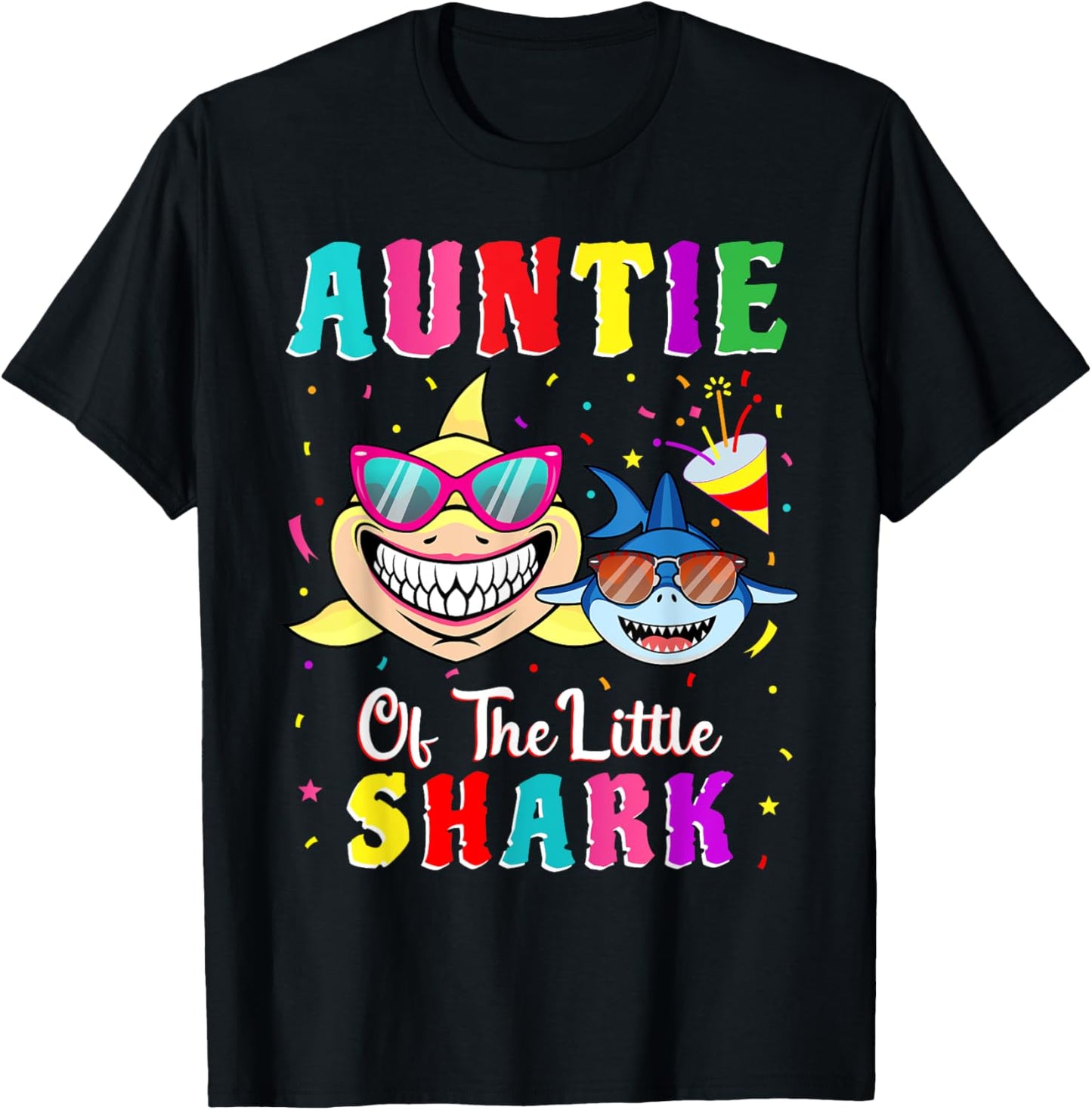Auntie Of The Little Shark Aunt Nephew Shark Birthday Party T-Shirt - T-Shirt | Black