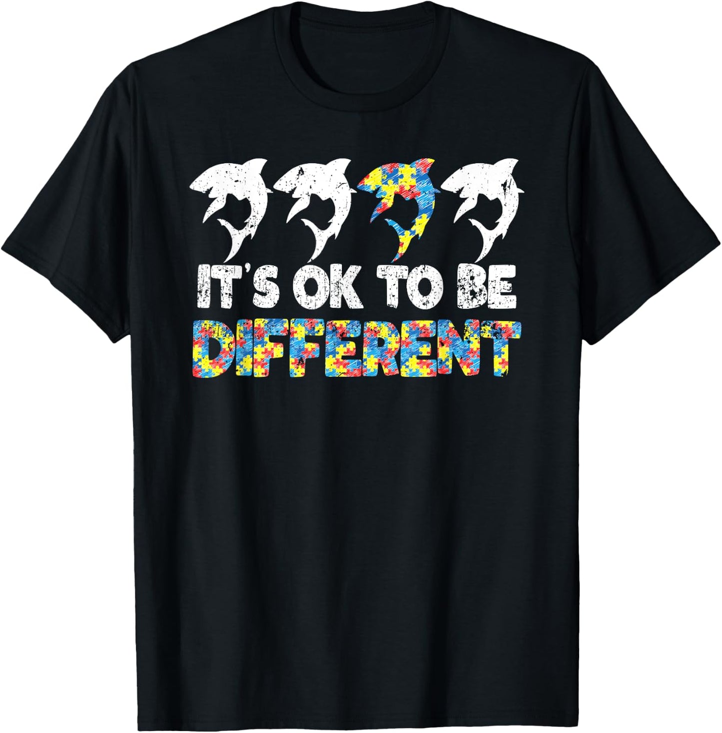 Autism Awareness SHARK Gift It's Ok To Be Different Puzzle T-Shirt - T-Shirt | Black