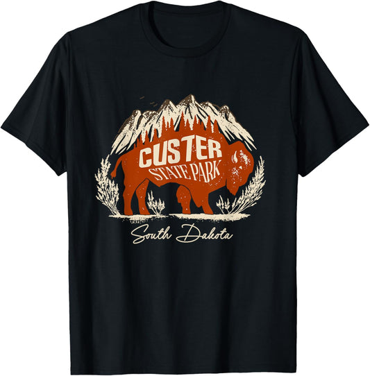 Bison And Mountains Custer State Park South Dakota Vintage T-Shirt - T-Shirt | Black
