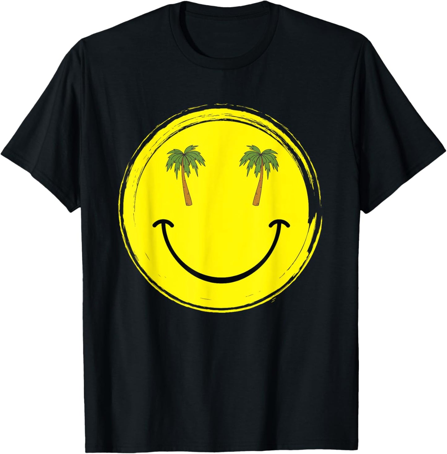 Happy smile face with coconut palm trees for beach lovers T-Shirt - T-Shirt | Black