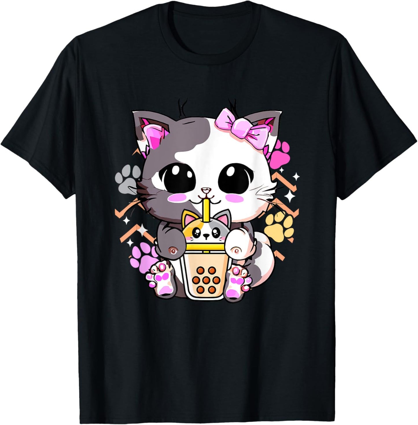 Cute Kawaii Cat Boba Bubble Milk Tea Anime Neko Kitten T-Shirt - T-Shirt | Black
