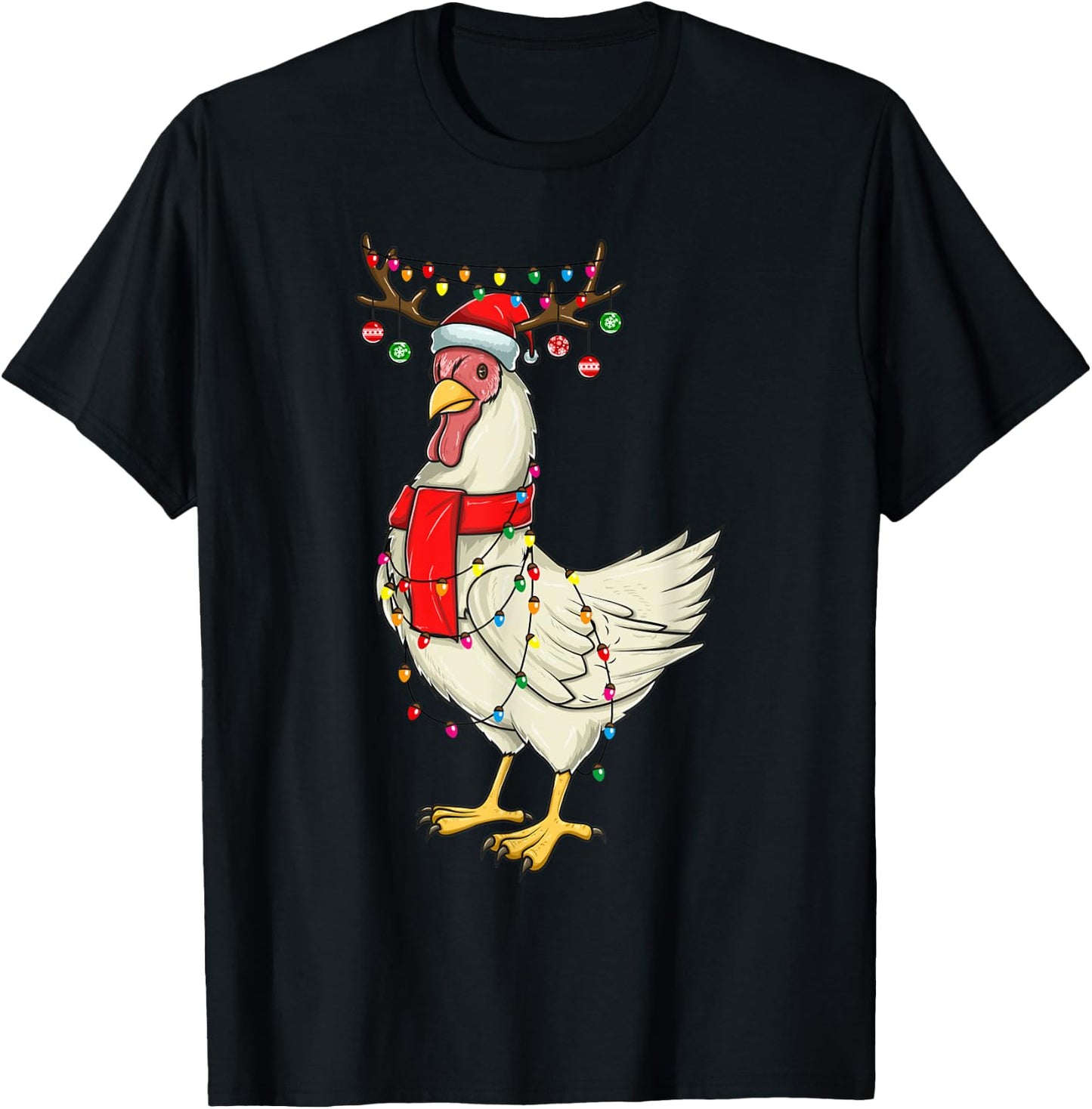 Christmas Chicken Holiday Lights with Antlers and Ornaments T-Shirt - T-Shirt | Black