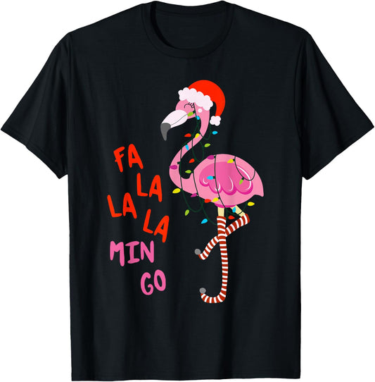 FA La La Mingo Flamingo Christmas Tropical Xmas Tree Lights T-Shirt - T-Shirt | Black