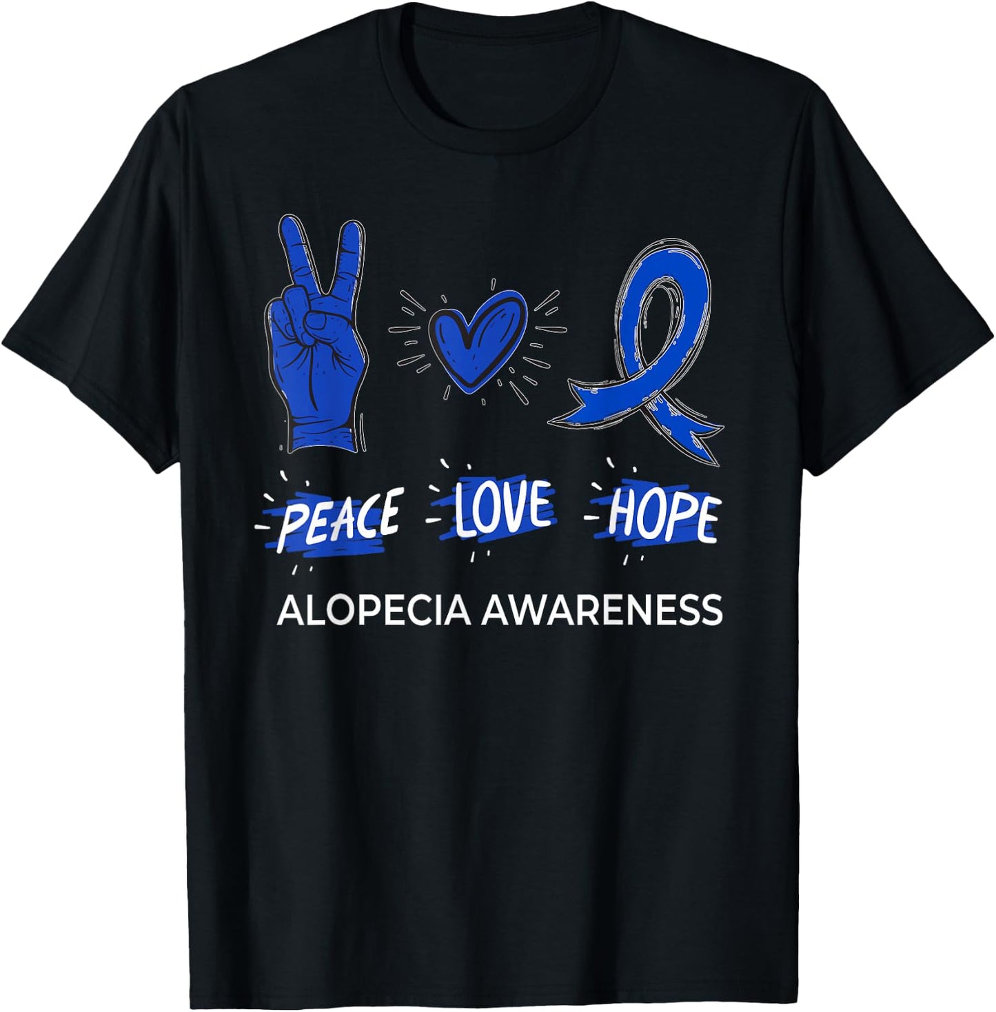 Peace Love Hope Alopecia Awareness Areata Ribbon Support T-Shirt - T-Shirt | Black