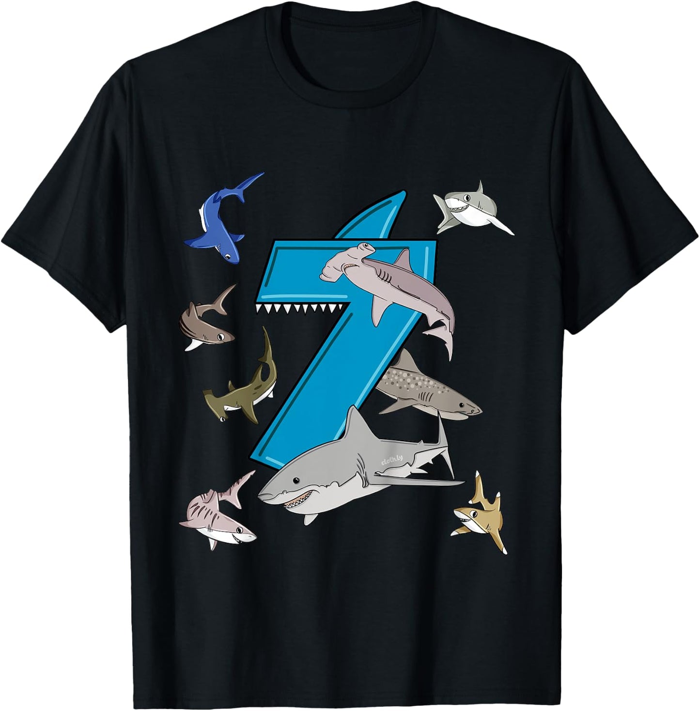 Kids 7th Birthday boys shark white shark T-Shirt - T-Shirt | Black
