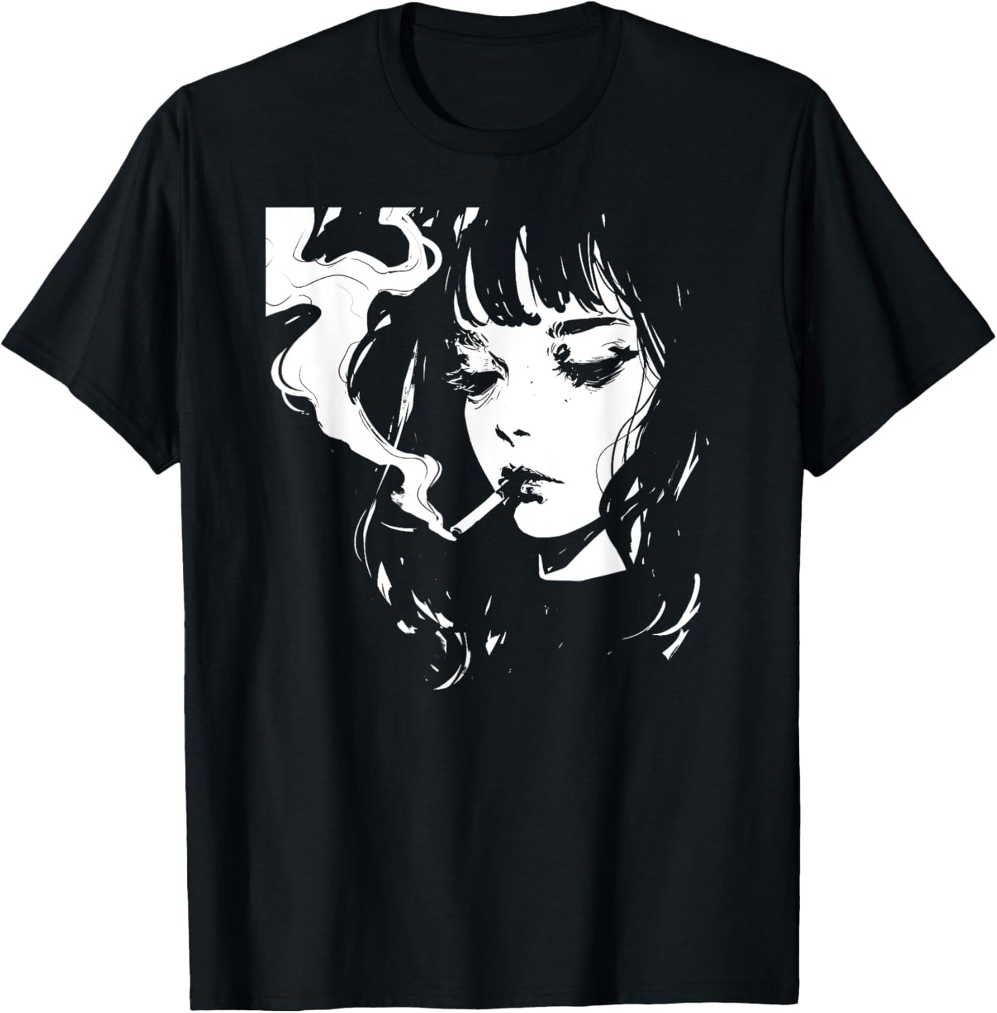 Soft Grunge Kawaii Anime Girl Smoking Waifu Otaku Japanese T-Shirt - T-Shirt | Black
