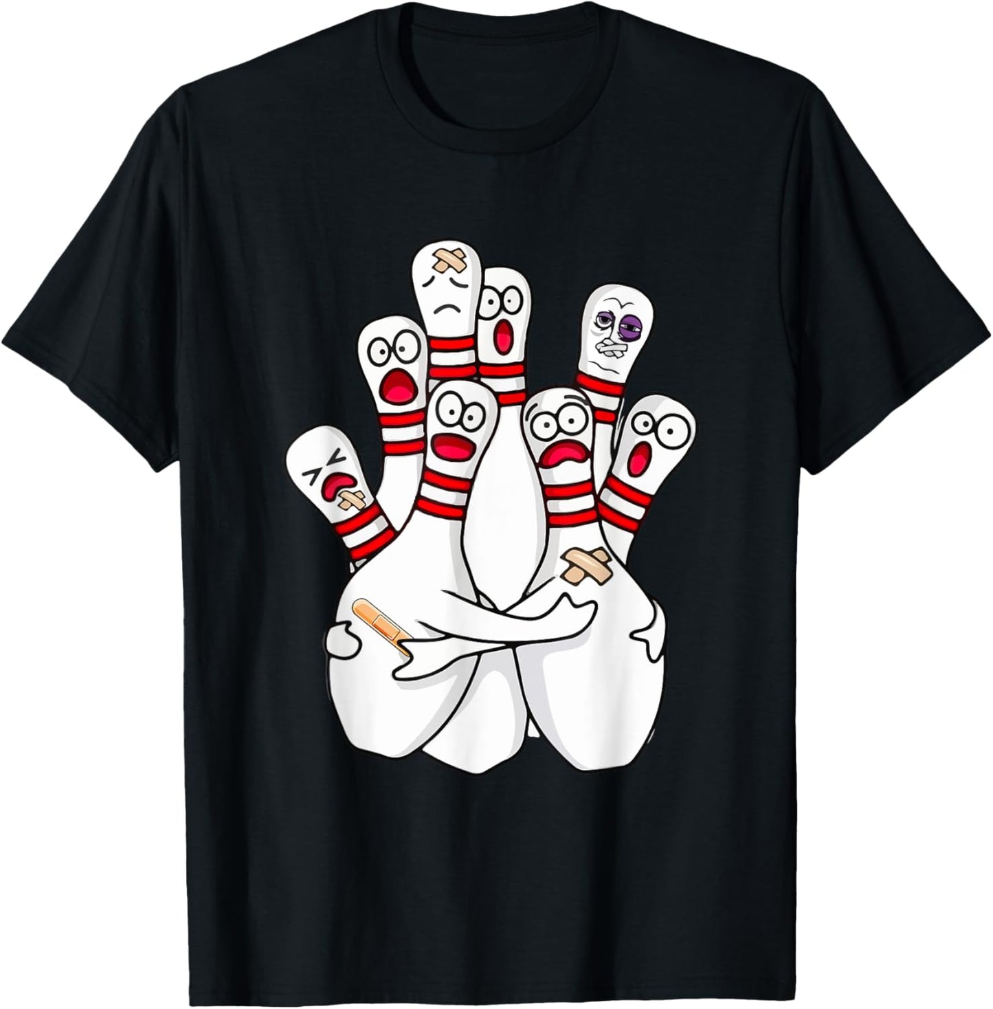 Cartoon Bowling Scared Bowling Pins Funny Sport Bowler T-Shirt - T-Shirt | Black