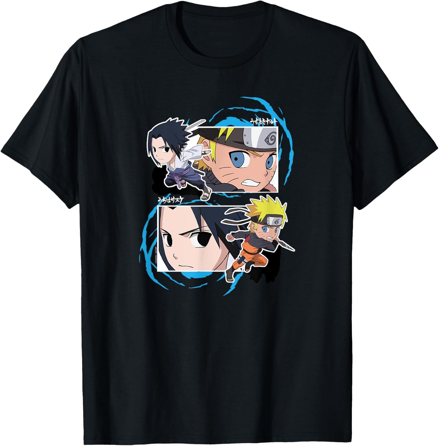 Naruto and Sasuke SD Fight Frames Anime T-Shirt - T-Shirt | Black