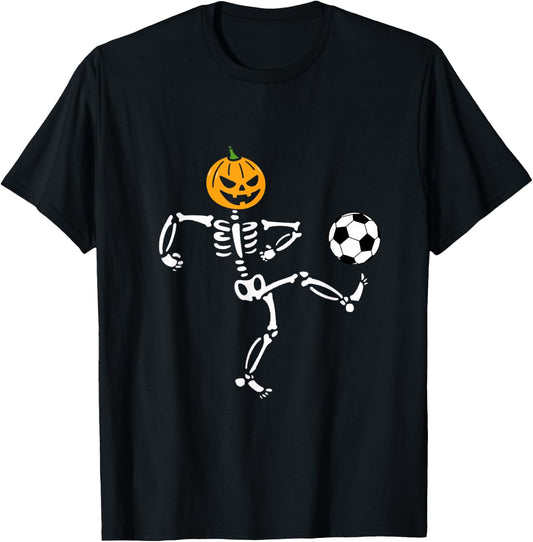 Pumpkin Skeleton Soccer Player Halloween Men Boys Soccer T-Shirt - T-Shirt | Black