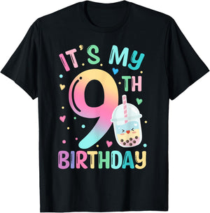 It's My 9th Birthday Bubble Boba Tea Party 9 Year Old Girl T-Shirt - T-Shirt | Black