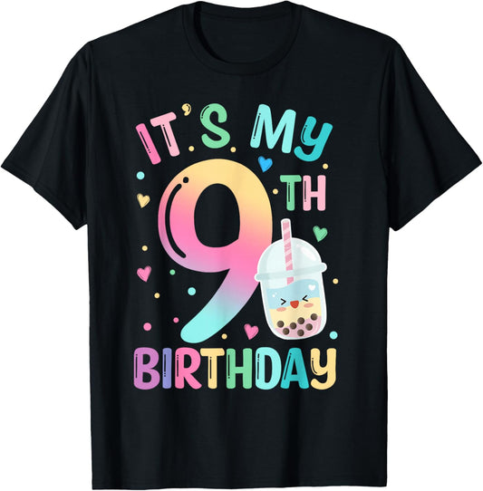 It's My 9th Birthday Bubble Boba Tea Party 9 Year Old Girl T-Shirt - T-Shirt | Black