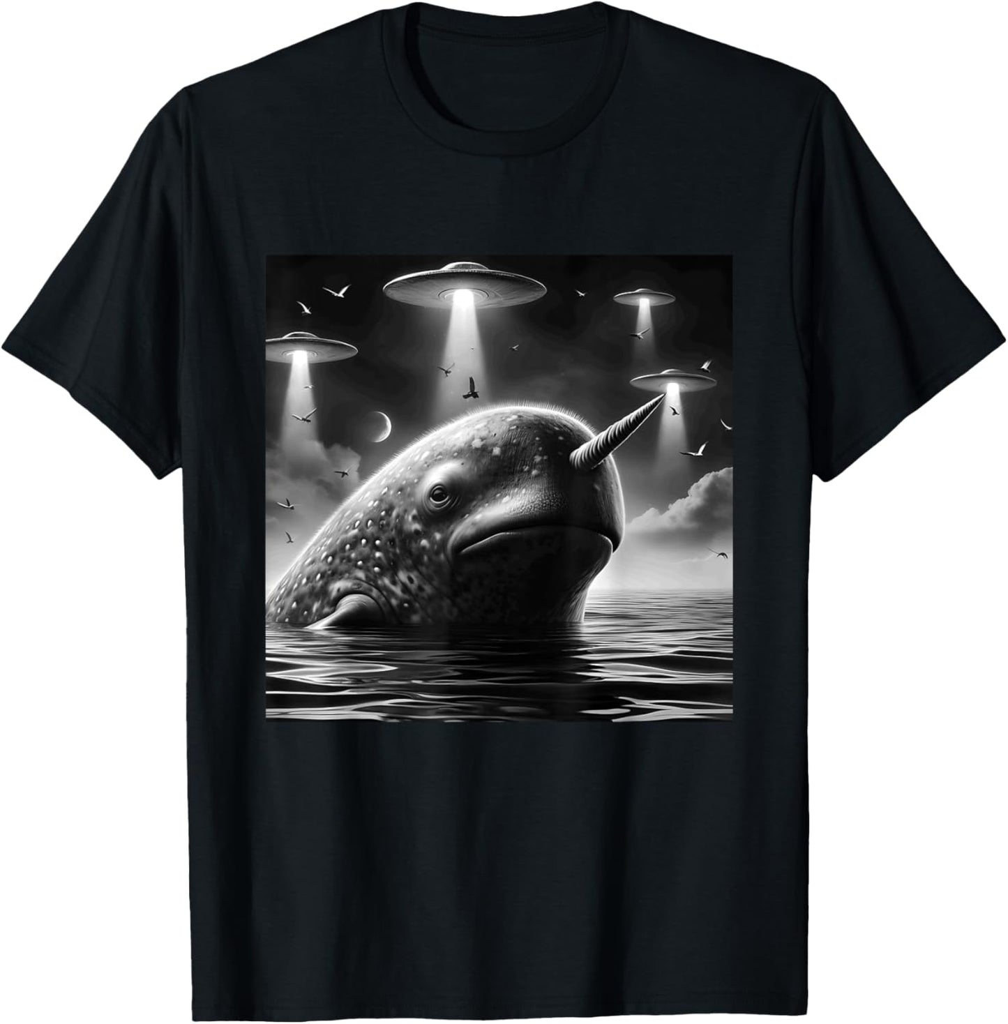 Narwhal Funny Graphic Selfie with UFOs Weird Aliens T-Shirt - T-Shirt | Black