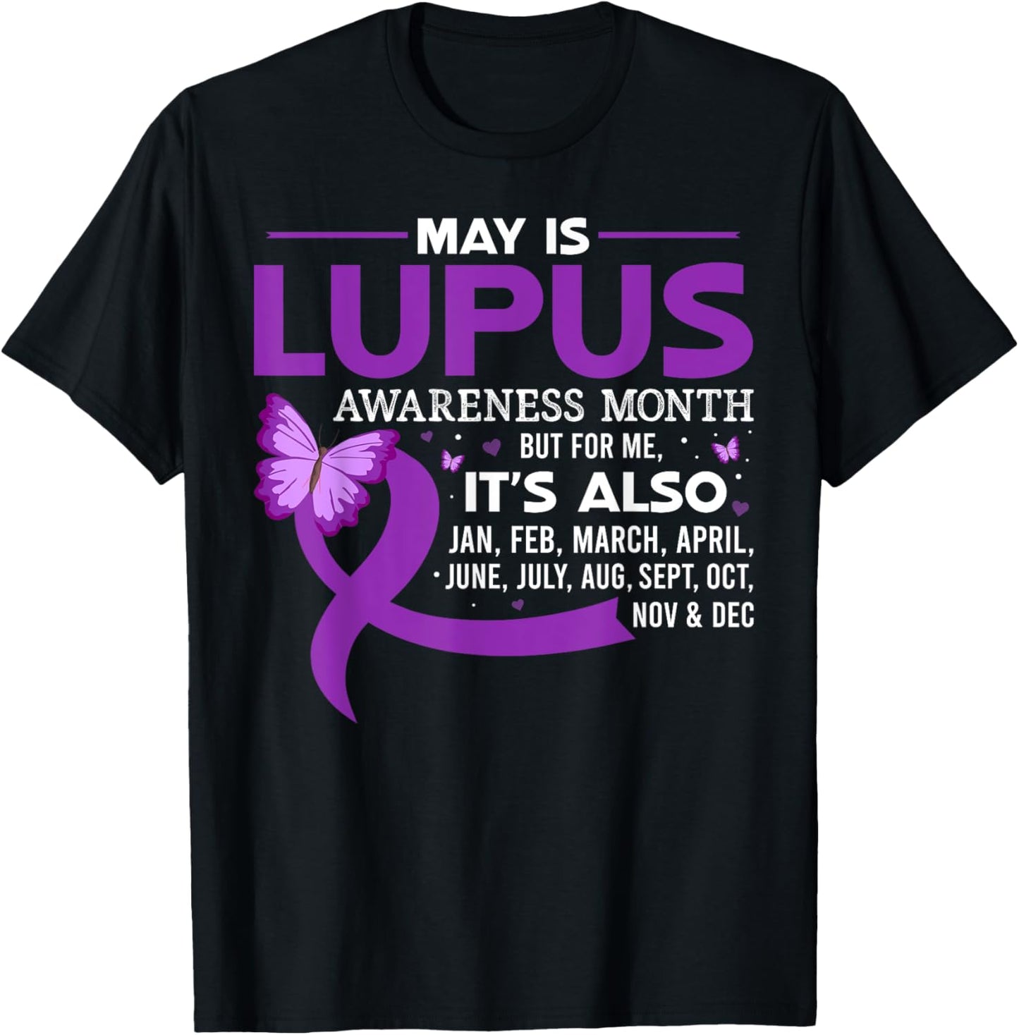 May is Lupus Awareness Month Butterfly Purple Ribbon Support T-Shirt - T-Shirt | Black