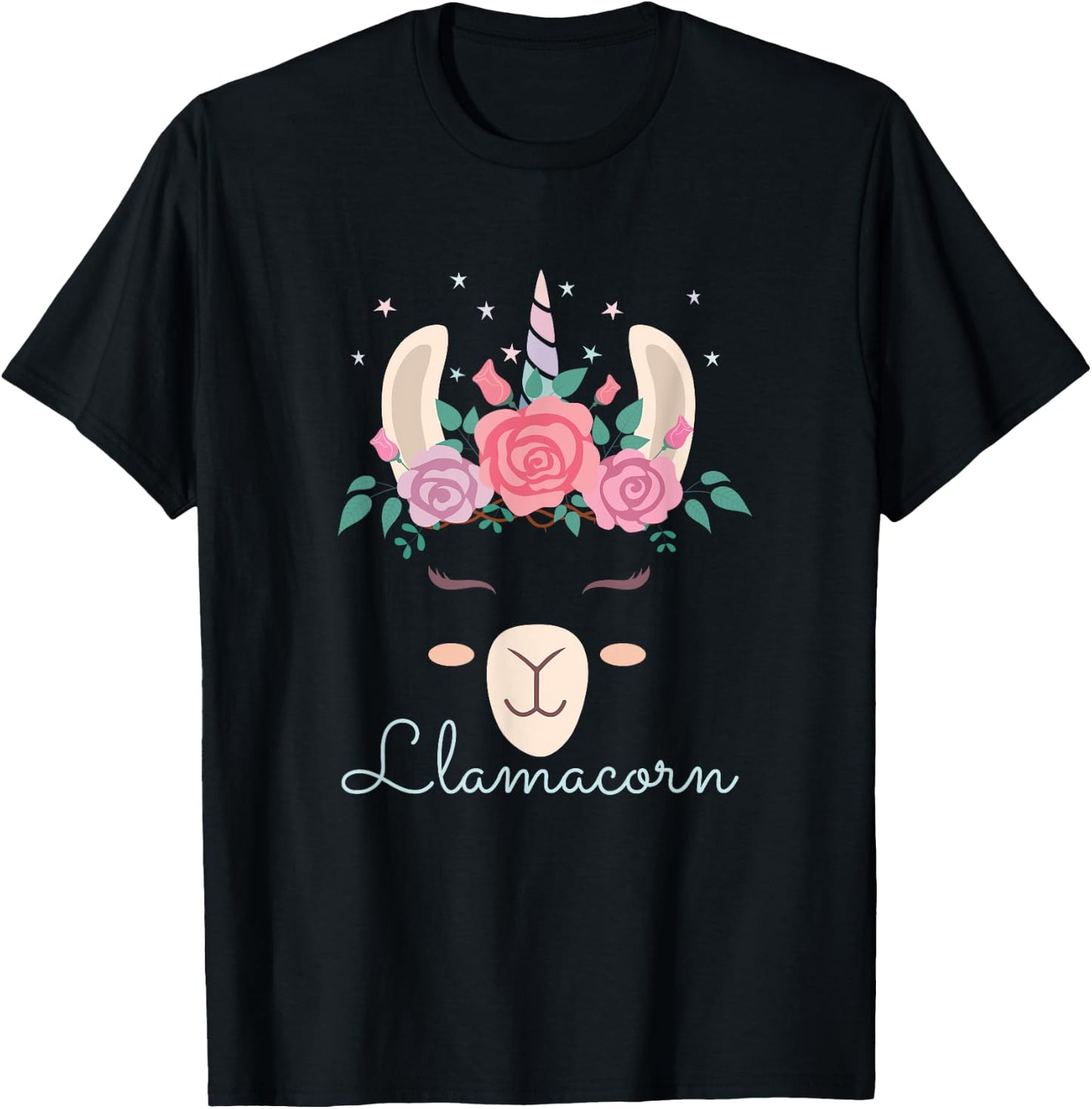 Cute Flowers Lamacorn Llama Unicorn Kawaii Flowers Llama T-Shirt - T-Shirt | Black