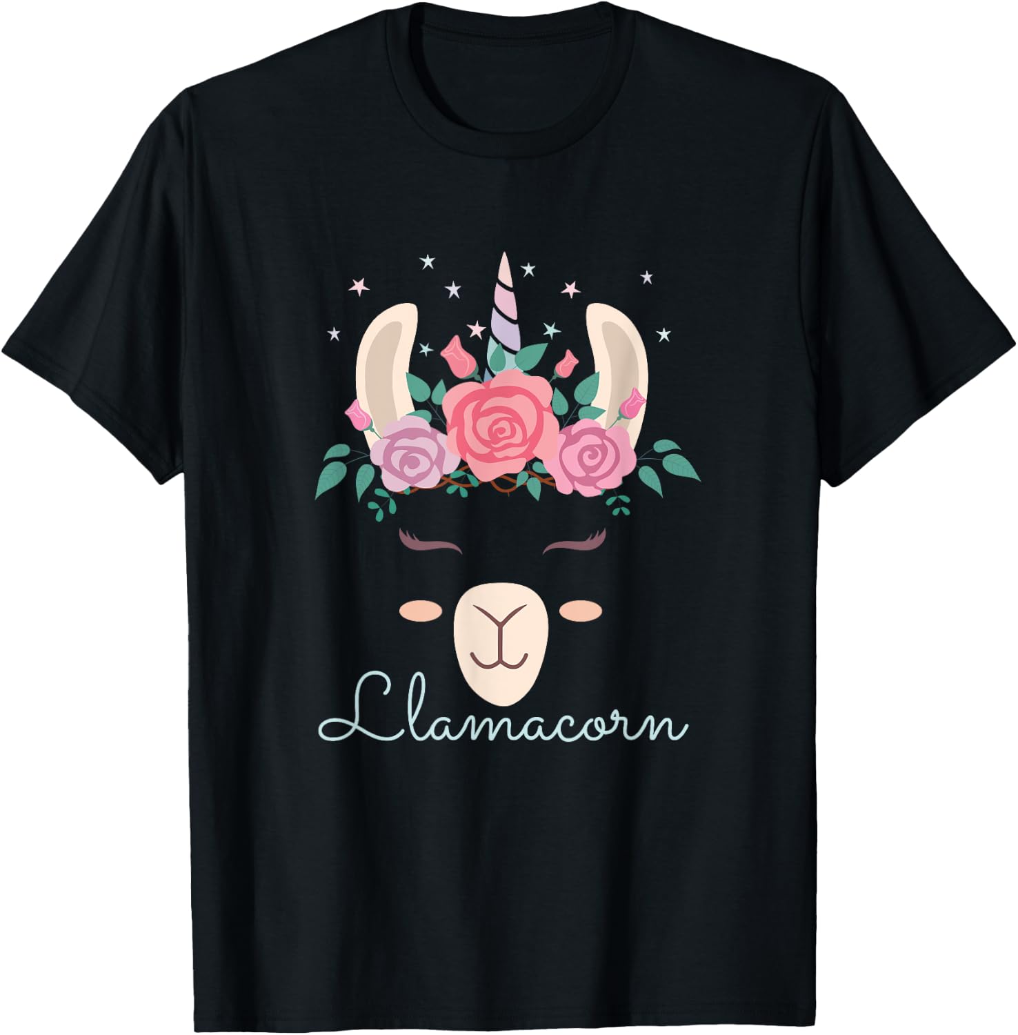 Cute Flowers Lamacorn Llama Unicorn Kawaii Flowers Llama T-Shirt - T-Shirt | Black