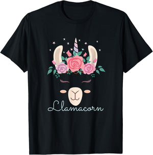 Cute Flowers Lamacorn Llama Unicorn Kawaii Flowers Llama T-Shirt - T-Shirt | Black