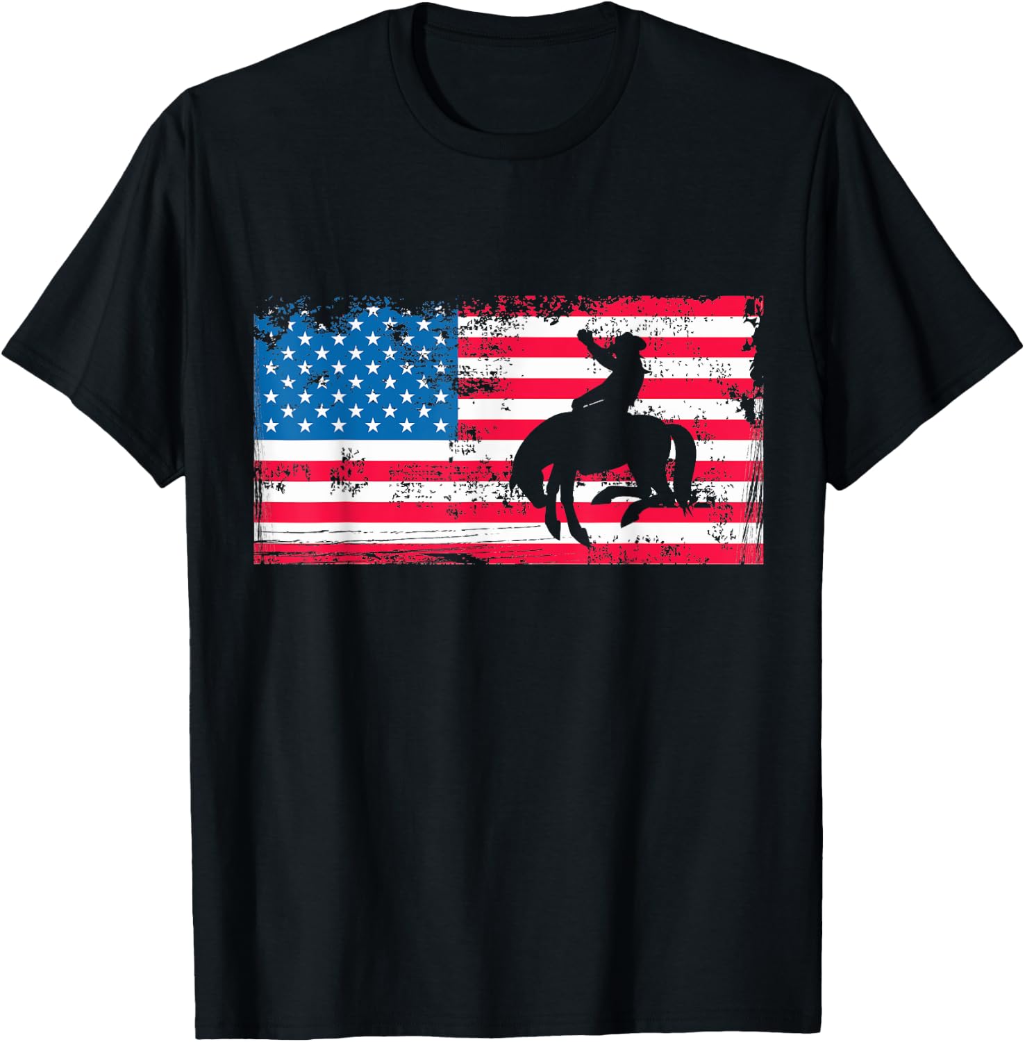 Retro American Flag Rodeo Bronc Horse Riding Cowboy Cowgirl T-Shirt - T-Shirt | Black