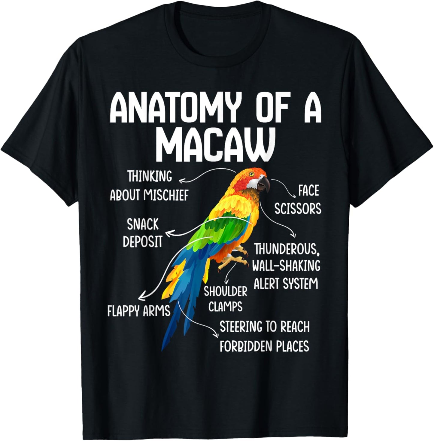 Anatomy of a Macaw Macaw Blue Yellow Hybrid Macaw Bird T-Shirt - T-Shirt | Black