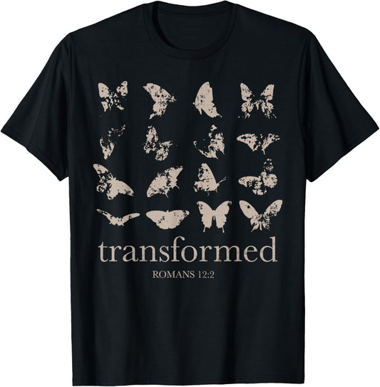Be Transformed Romans 12-2 Butterfly Christian Bible Verse T-Shirt - T-Shirt | Black