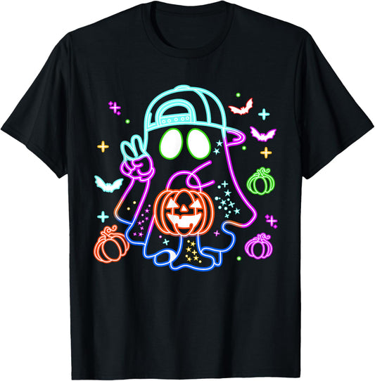 Boo Ghost Spooky Season Boys Kids Glow In Halloween Night T-Shirt - T-Shirt | Black