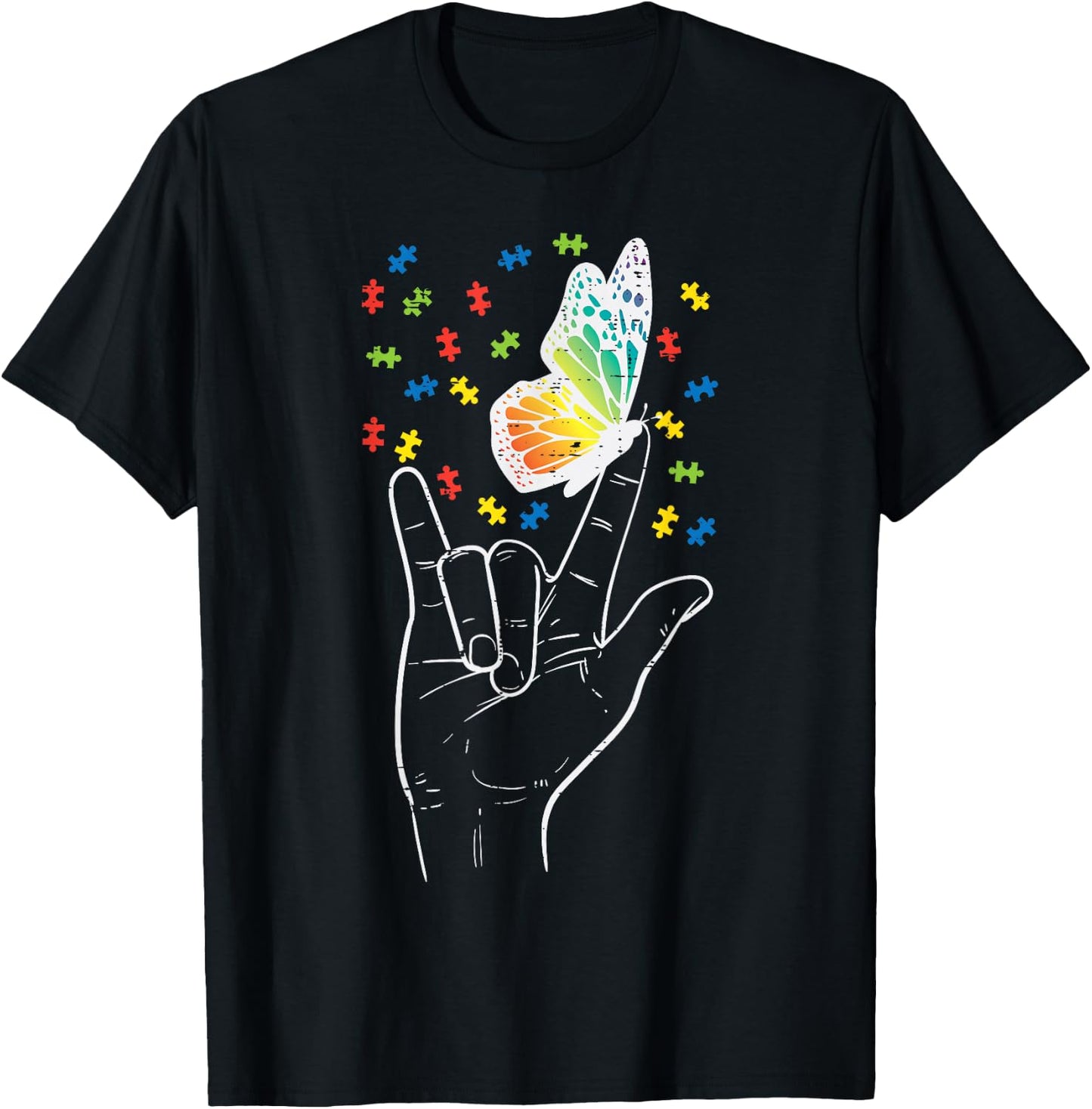 Asl Love Sign Butterfly Puzzle Autism Awareness Sped Teacher T-Shirt - T-Shirt | Black