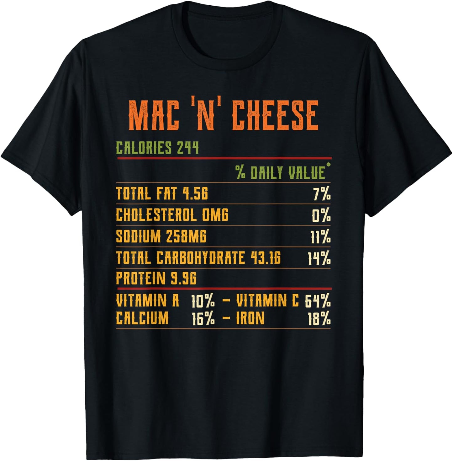 Mac and Cheese Nutrition Facts Thanksgiving 2021 Retro Food T-Shirt - T-Shirt | Black