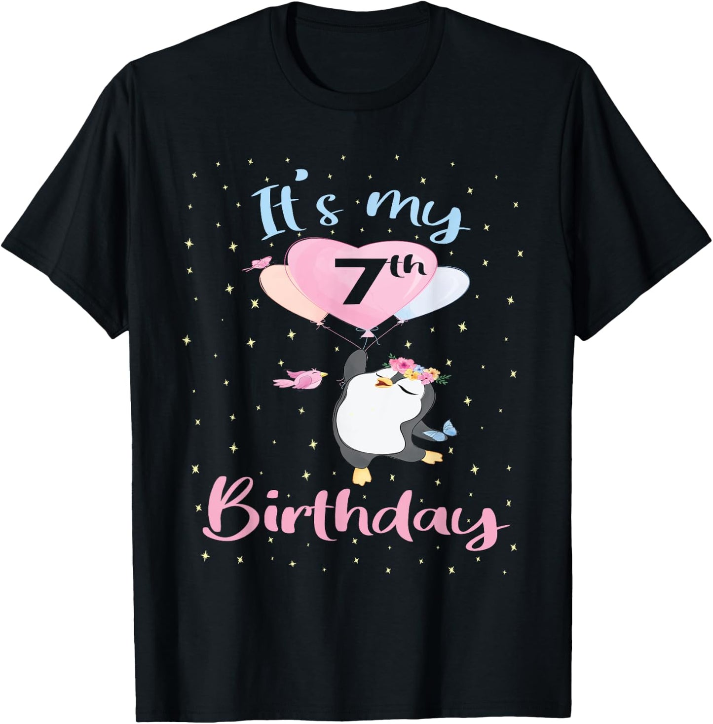 It's My 7th Birthday Penguin Girl 7 Years Old B-day T-Shirt - T-Shirt | Black